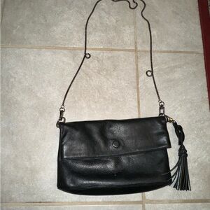 Trina Turk Black Genuine Leather Chained Crossbody Magnetic Foldover Closure